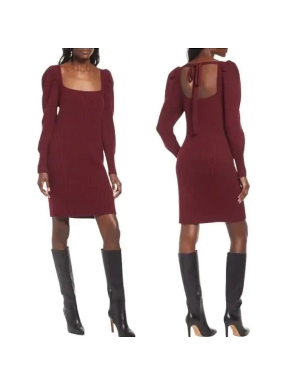 Charles Henry Burgundy Ribbed Long Puff Sleeve Sweater Dress Size M NWOT!
